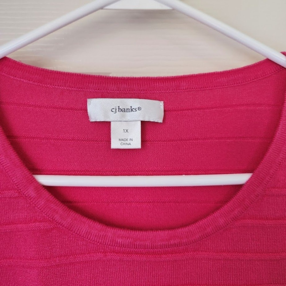 CJ Banks Womens Plus 1X Fuchsia Pink Textured Stripe Short Sleeve Knit 206 - Picture 3 of 5